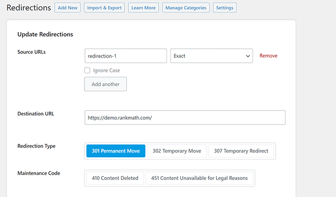 Adding redirects using RankMath