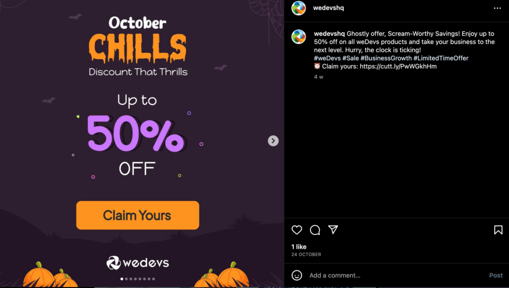 To jest przykład ofert halloweenowych od wedevs na Instagramie