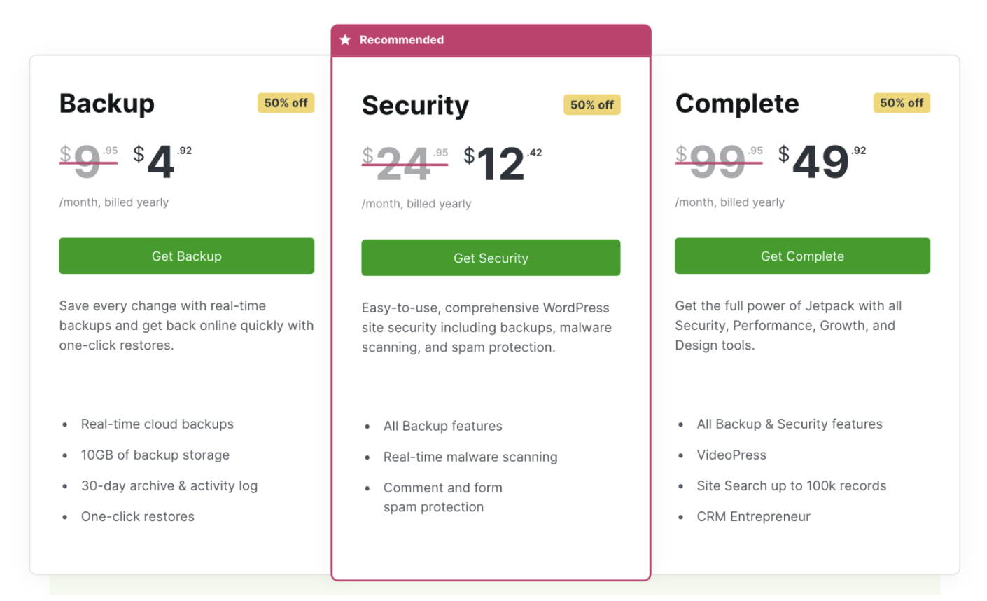 tabela de planos de backup do VaultPress