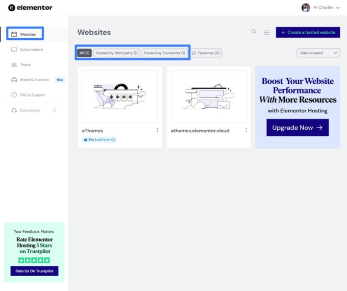 Il dashboard di Elementor Hosting