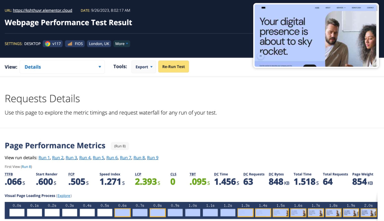 Resultados de rendimiento de Elementor Hosting en WebPageTest