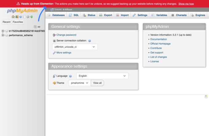 Elementor Hosting ora offre l'accesso a phpMyAdmin, uno screenshot dell'interfaccia phpMyAdmin