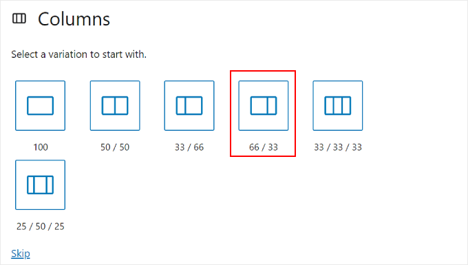 Choosing one of the variations of the Columns block in WordPress editor