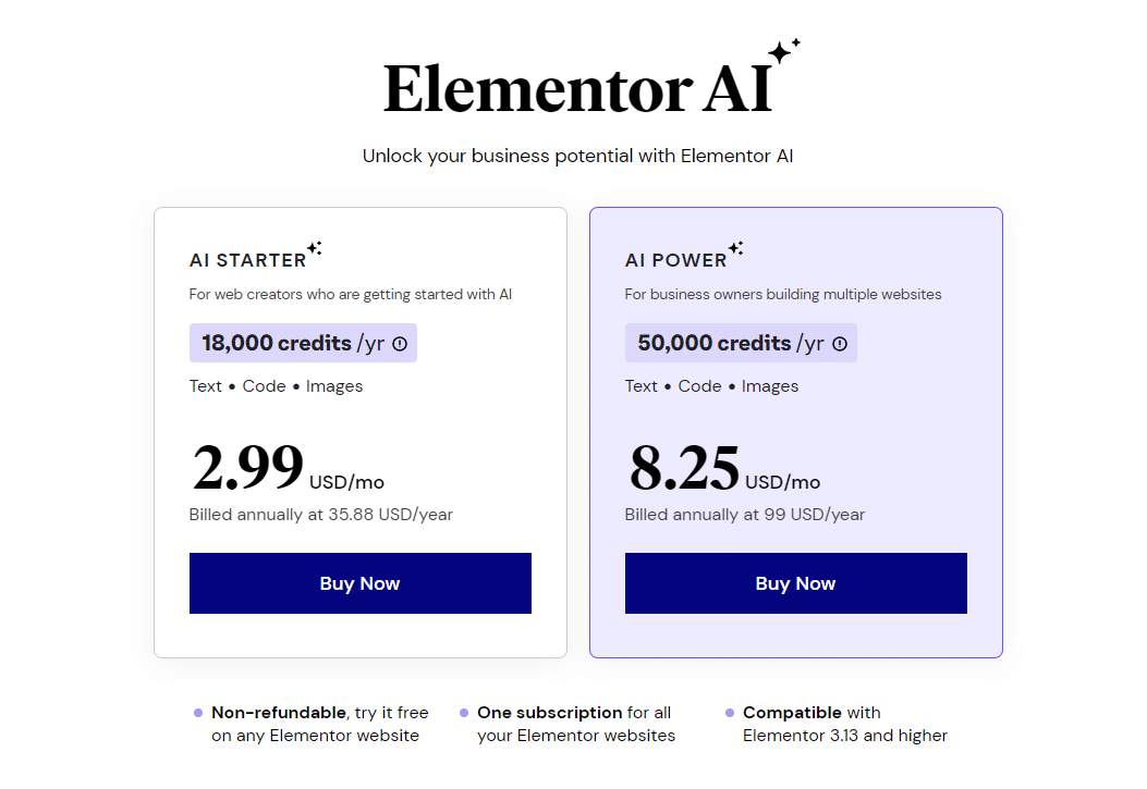 Elementor AI fiyatlandırma seçenekleri – Kaynak: Elementor AI