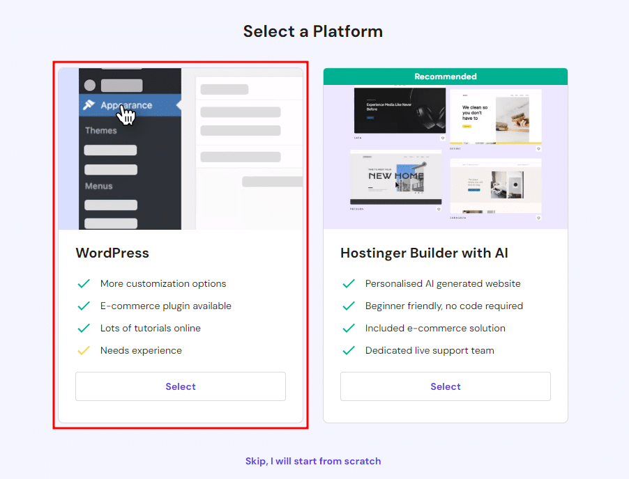 Hostinger Platform Seçimi – Kaynak: Kendi ekran görüntüsü