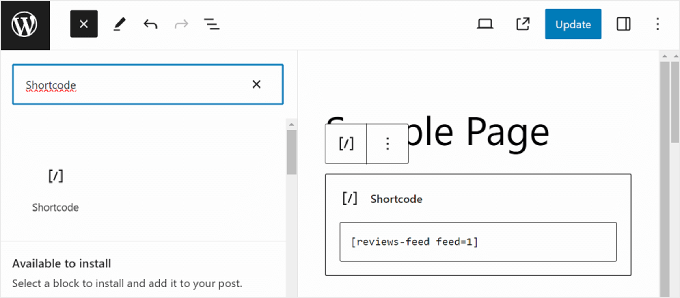 Adding the Reviews Feed embed via shortcode in the block editor