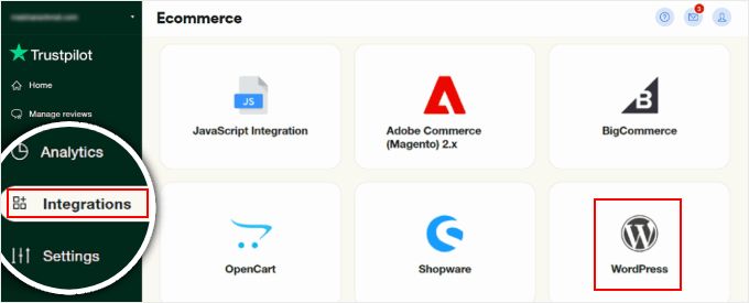 Selecting WordPress in the eCommerce integrations menu in Trustpilot