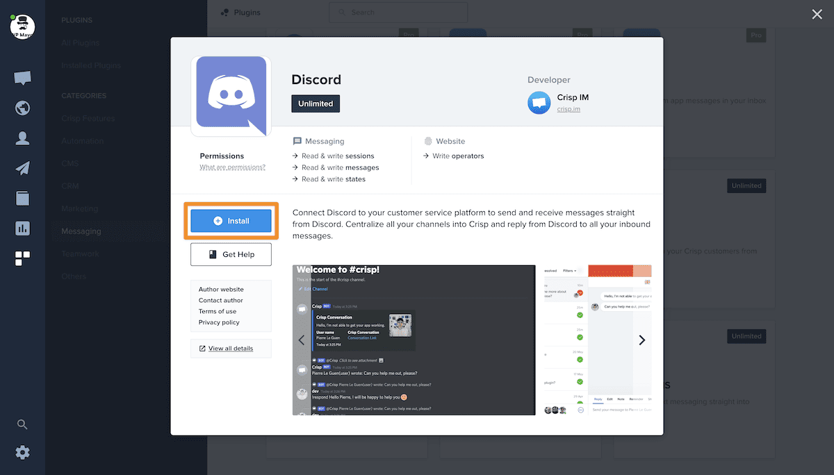 Discord 外掛程式畫面反白顯示「安裝」按鈕。