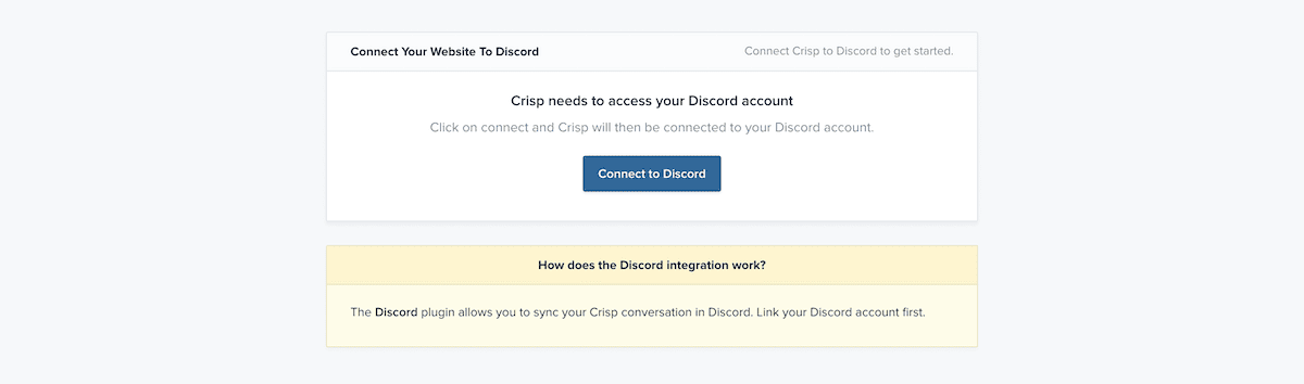 A tela de diálogo para conectar-se ao Discord do Crisp.