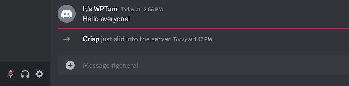 Ein Discord-Serverkanal, der zeigt, wie Crisp den Chat betritt.