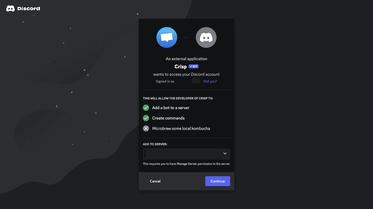 Discord 的验证屏幕可帮助连接到 Crisp。