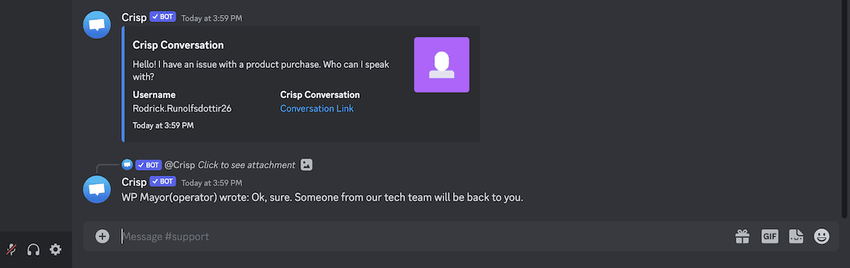 Discord 内の Web サイトのチャット ボックスでの会話からの連絡先を表示する Chrisp ボット。