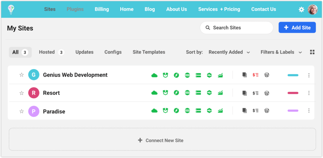 WPMU DEV Vizualizarea tabloului de bord Hub Client.