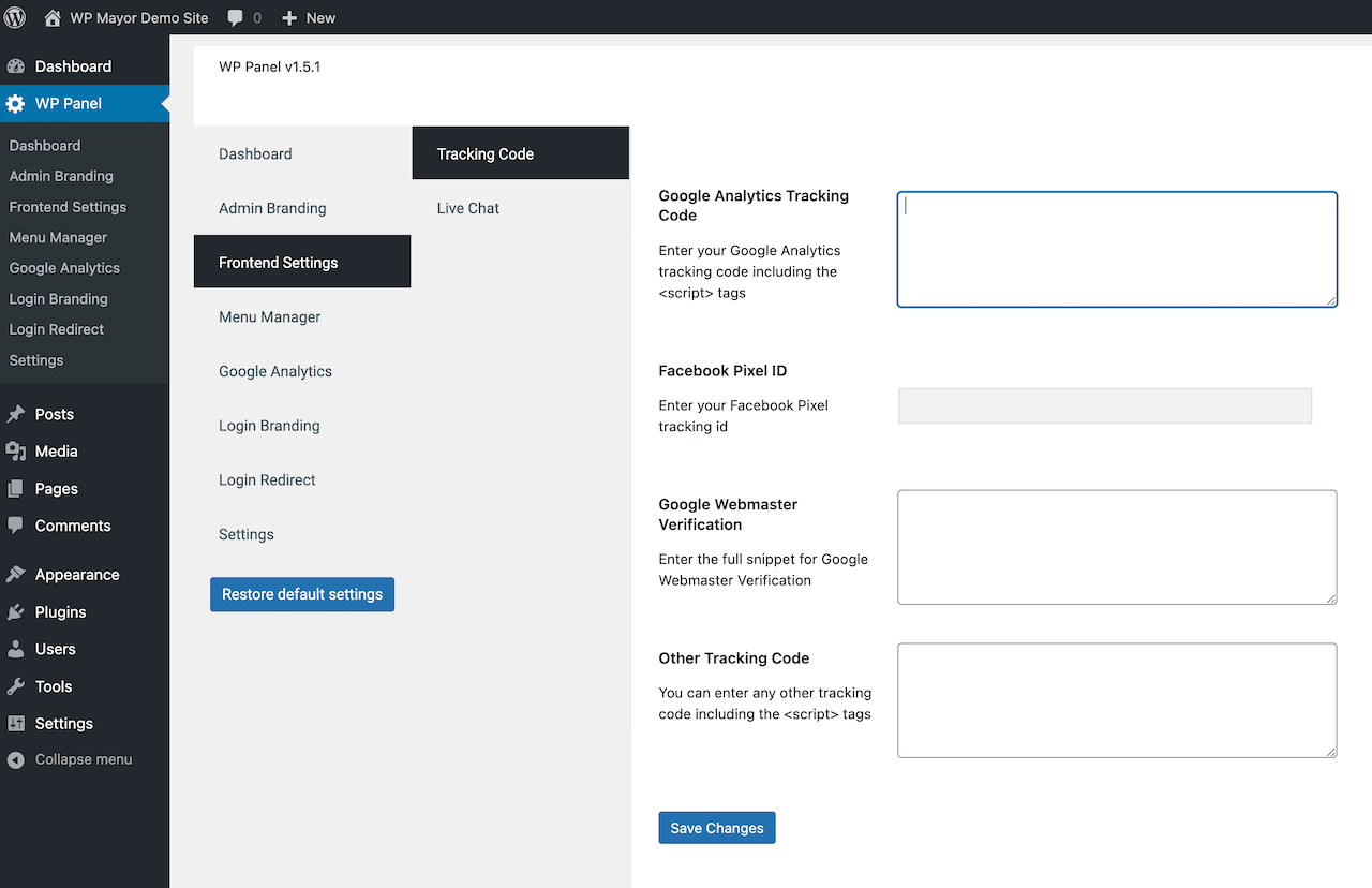 Configurações de front-end do painel WP