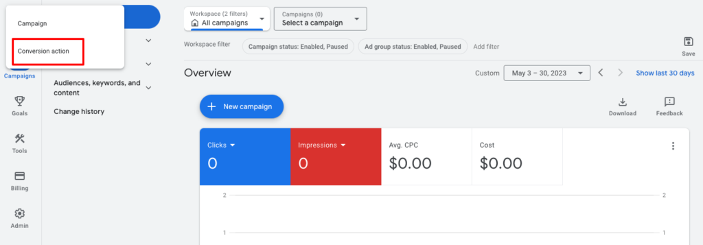 นี่คือภาพหน้าจอที่แสดงตัวเลือกการกระทำที่ถือเป็น Conversion ในบัญชี Google Ads