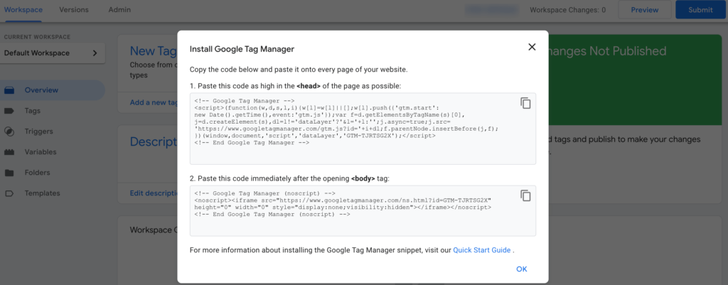 Esta imagen muestra el código para instalar Tag Manager