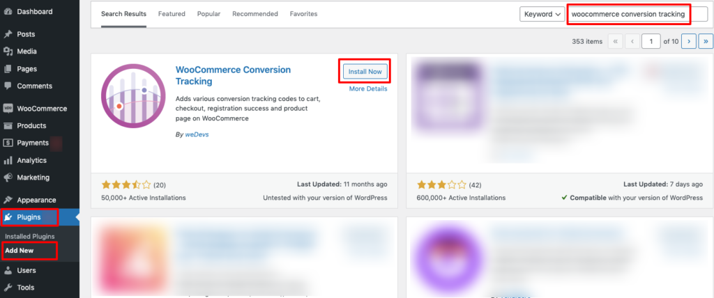 Ceci est une capture d'écran qui montre comment installer le plugin de conversion WooCommerce.