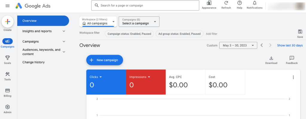 هذه لقطة شاشة لحساب Google Adwords