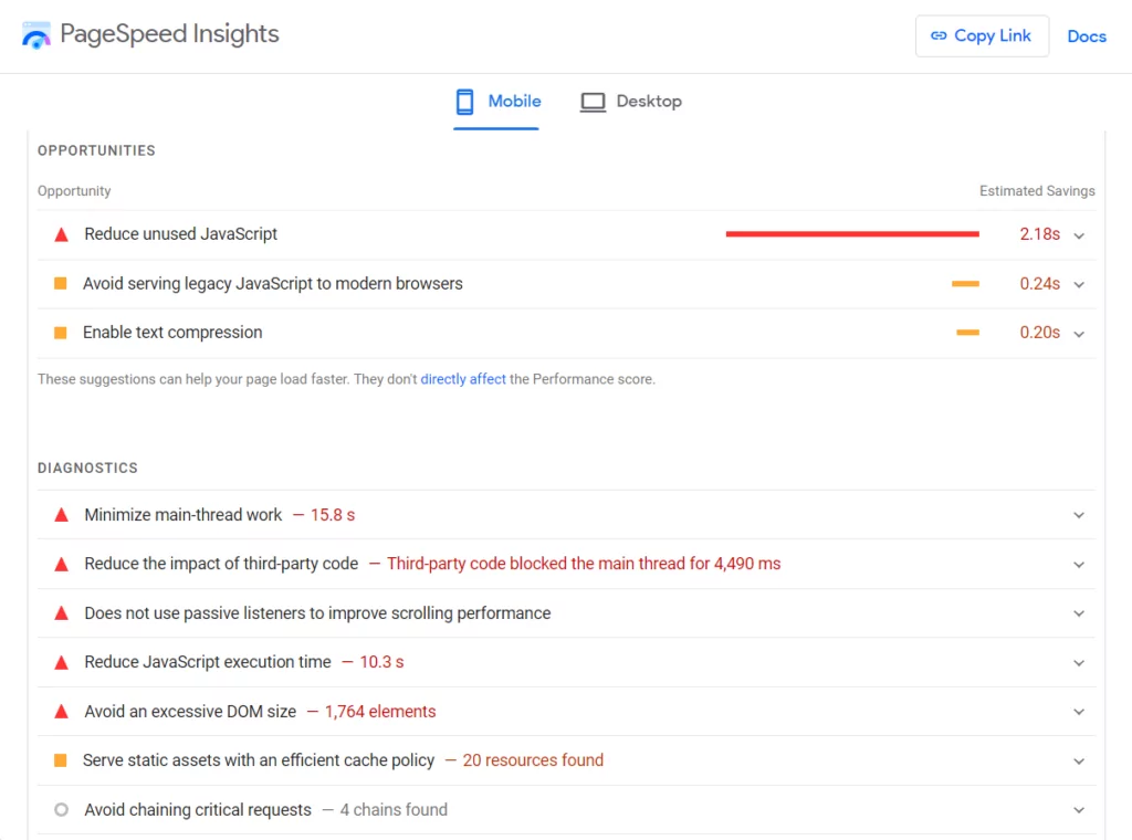 avisos de insights de velocidade de página para aumentar a velocidade