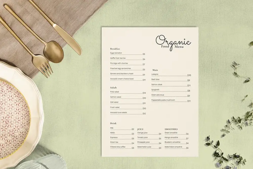 Papierowa makieta menu PSD w restauracji —