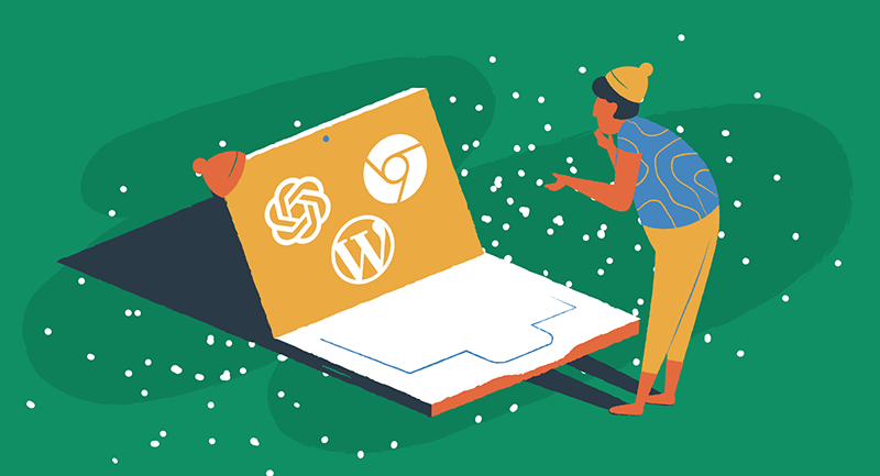 Osoba patrzy na laptopa z logo ChatGPT, Chrome i WordPress