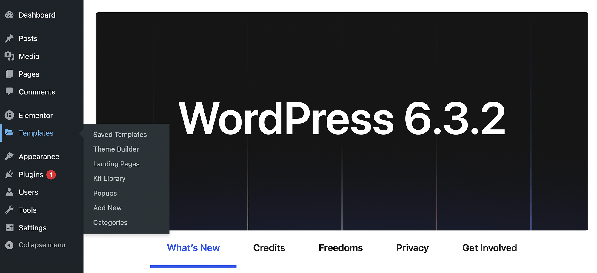 Meniul de șabloane Elementor în tabloul de bord WordPress.