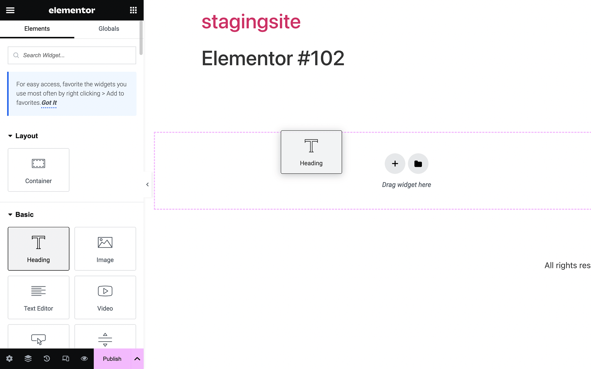 Elementor-Tutorial zum Ziehen und Ablegen von Widgets.