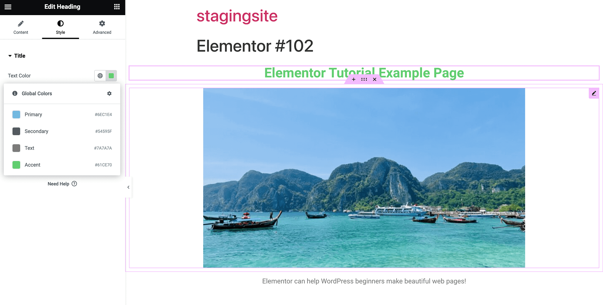 Alterando as configurações de estilo nas configurações do widget Elementor.