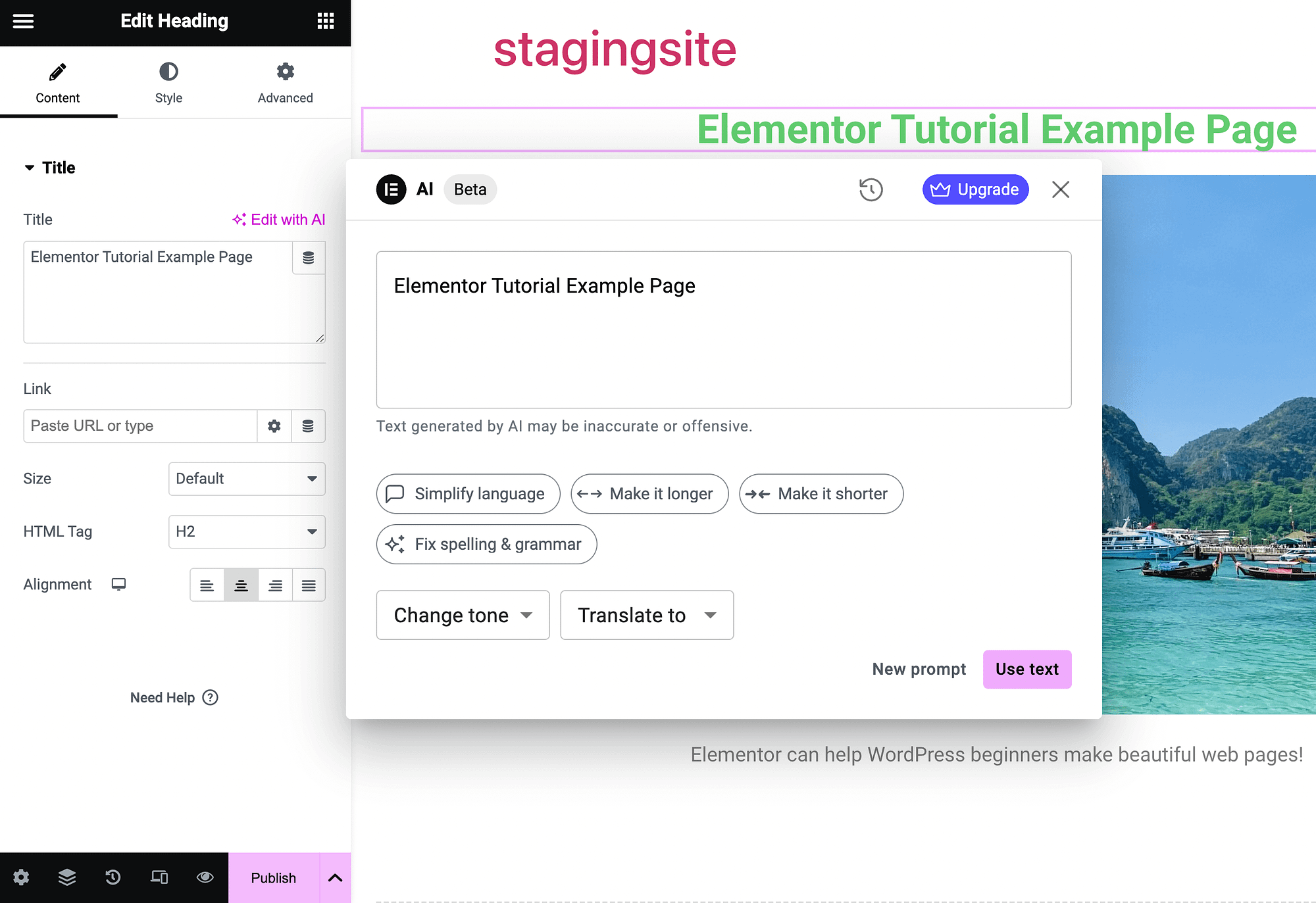 AI metin oluşturucunun kullanımına ilişkin Elementor eğitimi.