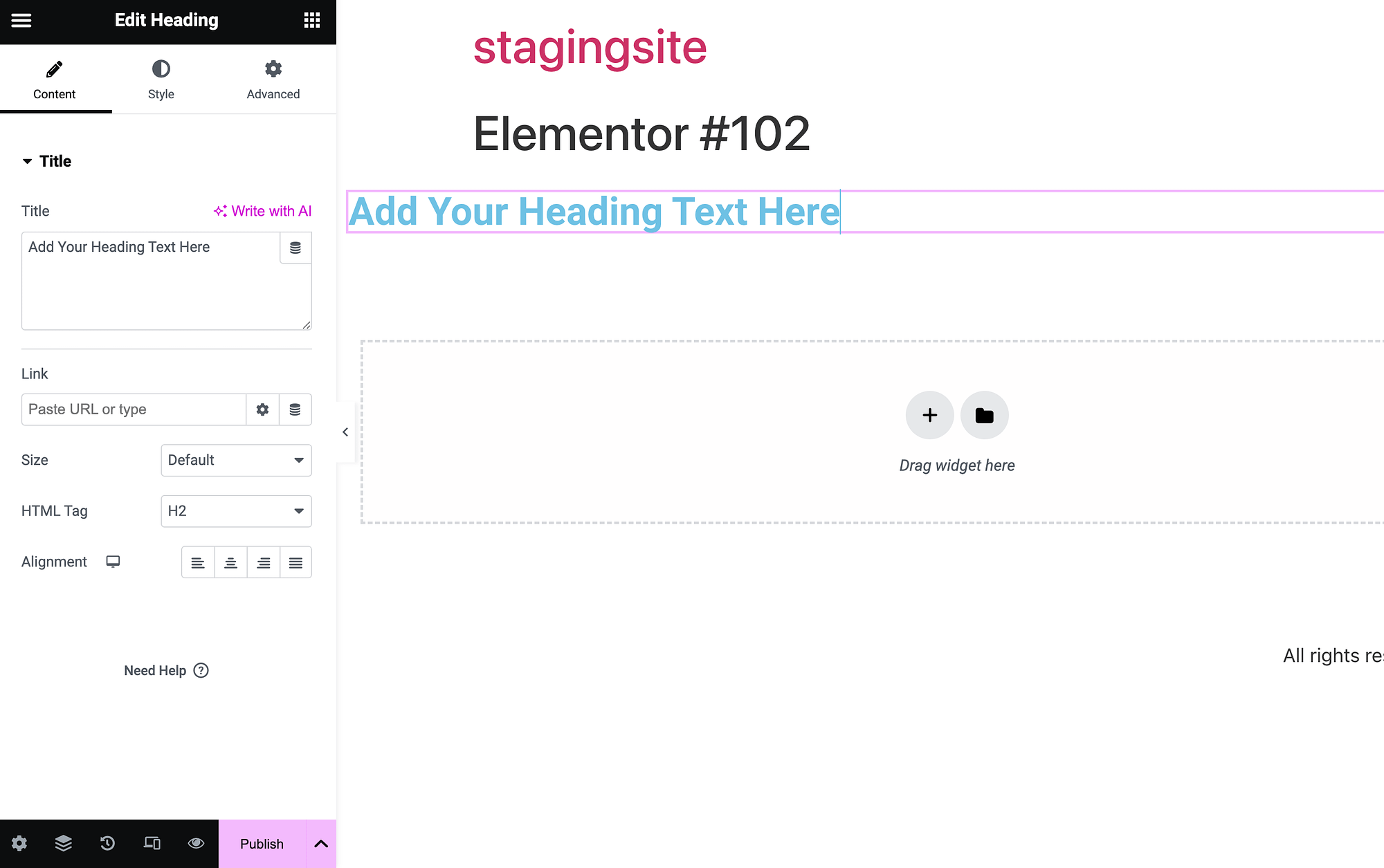 Un widget de encabezado en Elementor.