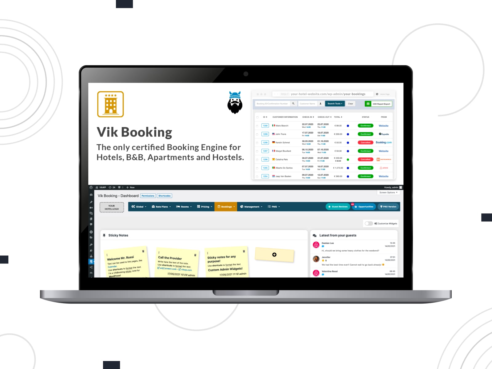 Kolase dasbor WordPress plugin pemesanan kamar VikBooking di layar desktop.