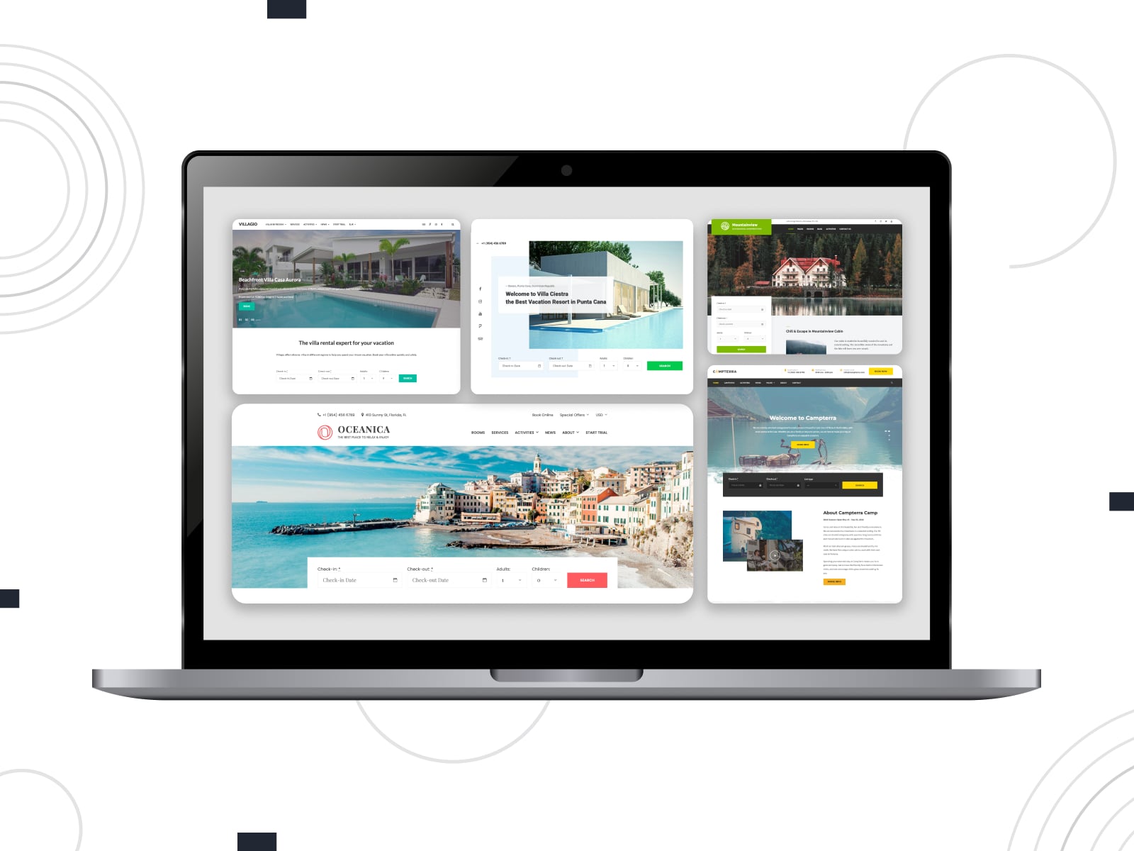 Collage del plugin WordPress Hotel Booking per i siti web di prenotazione delle camere.