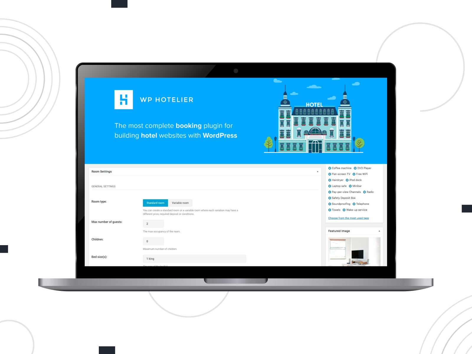 Kolase dasbor admin plugin WordPress pemesanan kamar WP Hotelier di layar desktop.