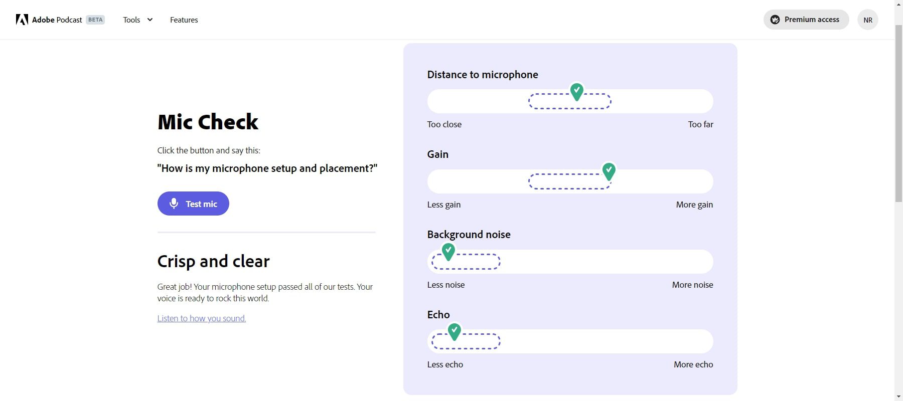 คุณสมบัติตรวจสอบไมค์ของ Adobe Podcast AI