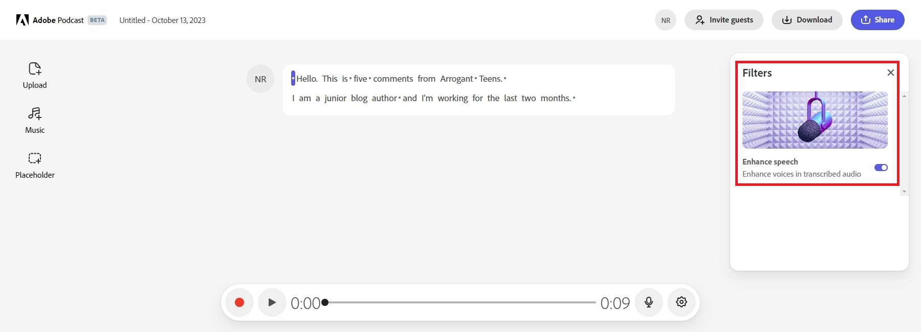 filtre ai Adobe Podcast