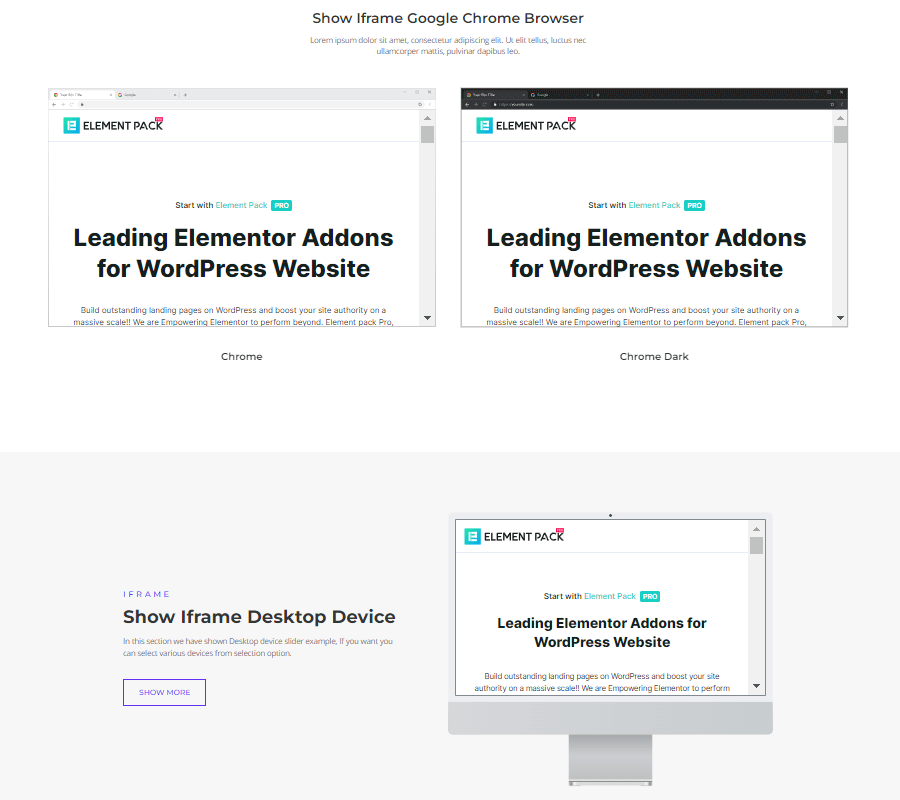 Ustawienia i opcje Element Pack Pro iFrame.