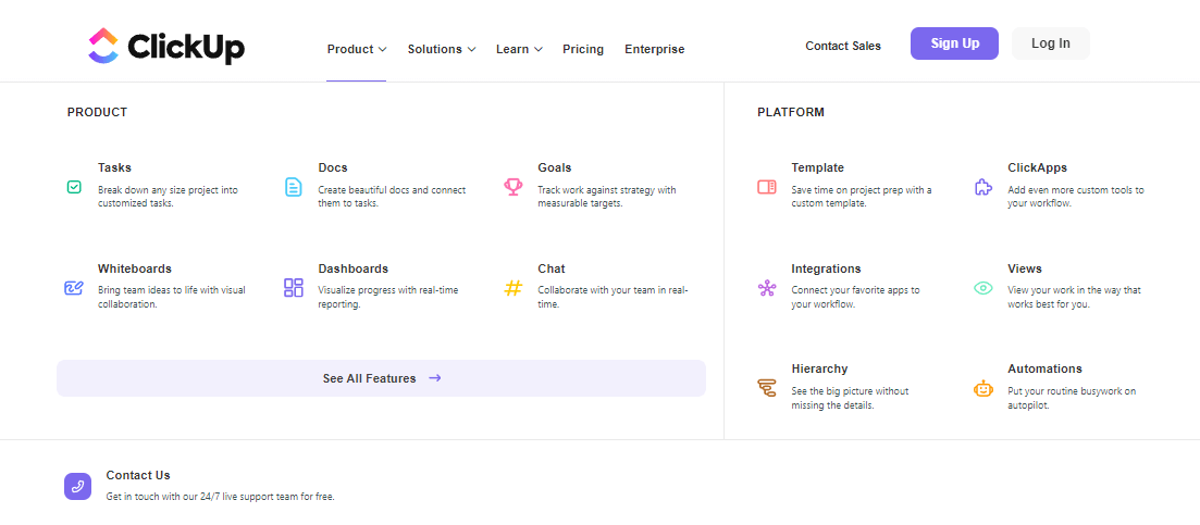 เมนูเด่นของ Element Pack Pro ที่ใช้งานจริงบนเว็บไซต์ ClickUp