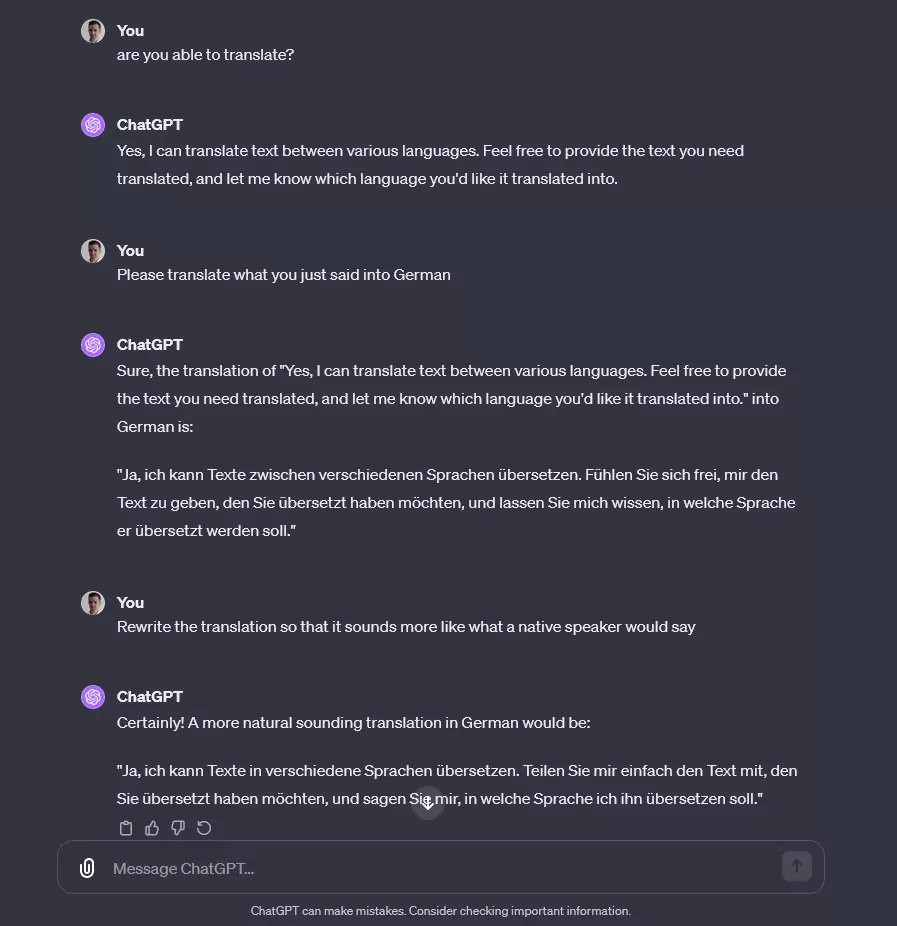 conversation chatgpt sur les capacités de traduction de l'IA