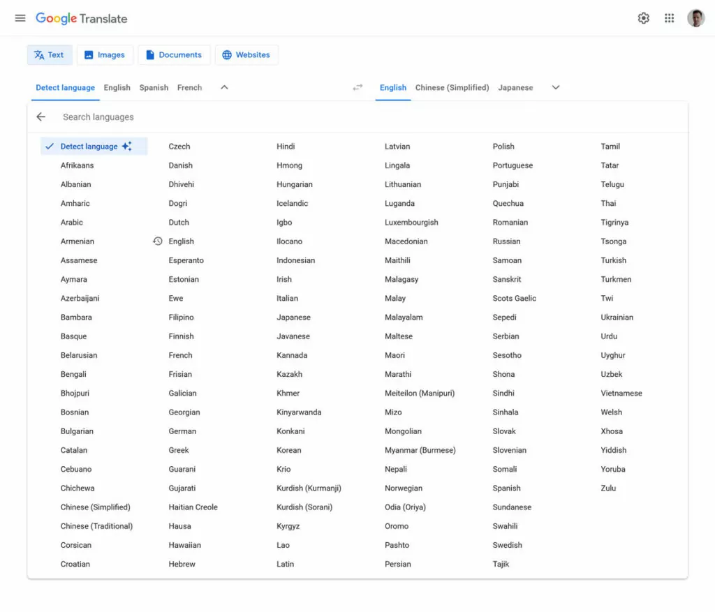 options linguistiques du traducteur en ligne google ai