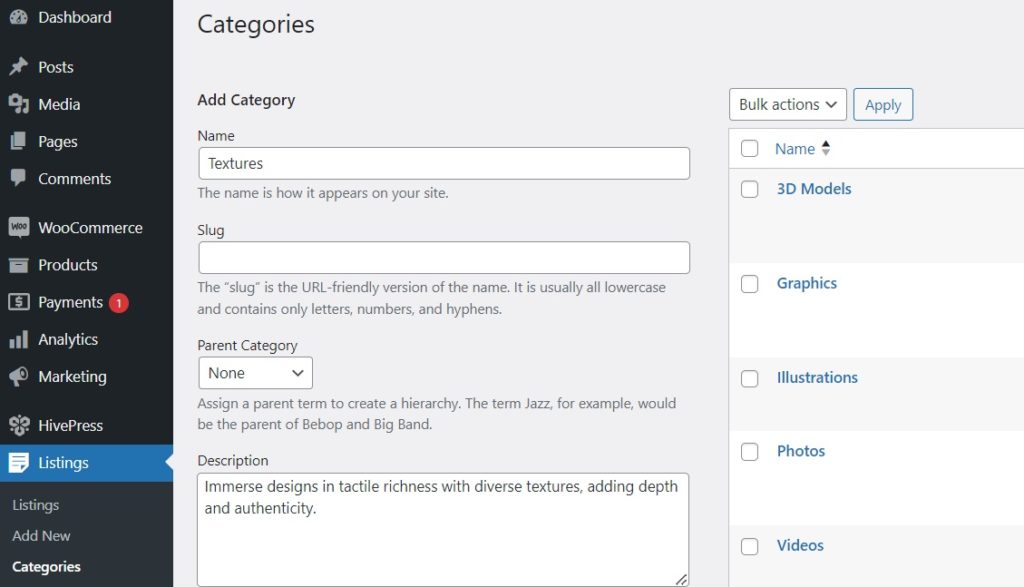 Criação de categorias de listagem.