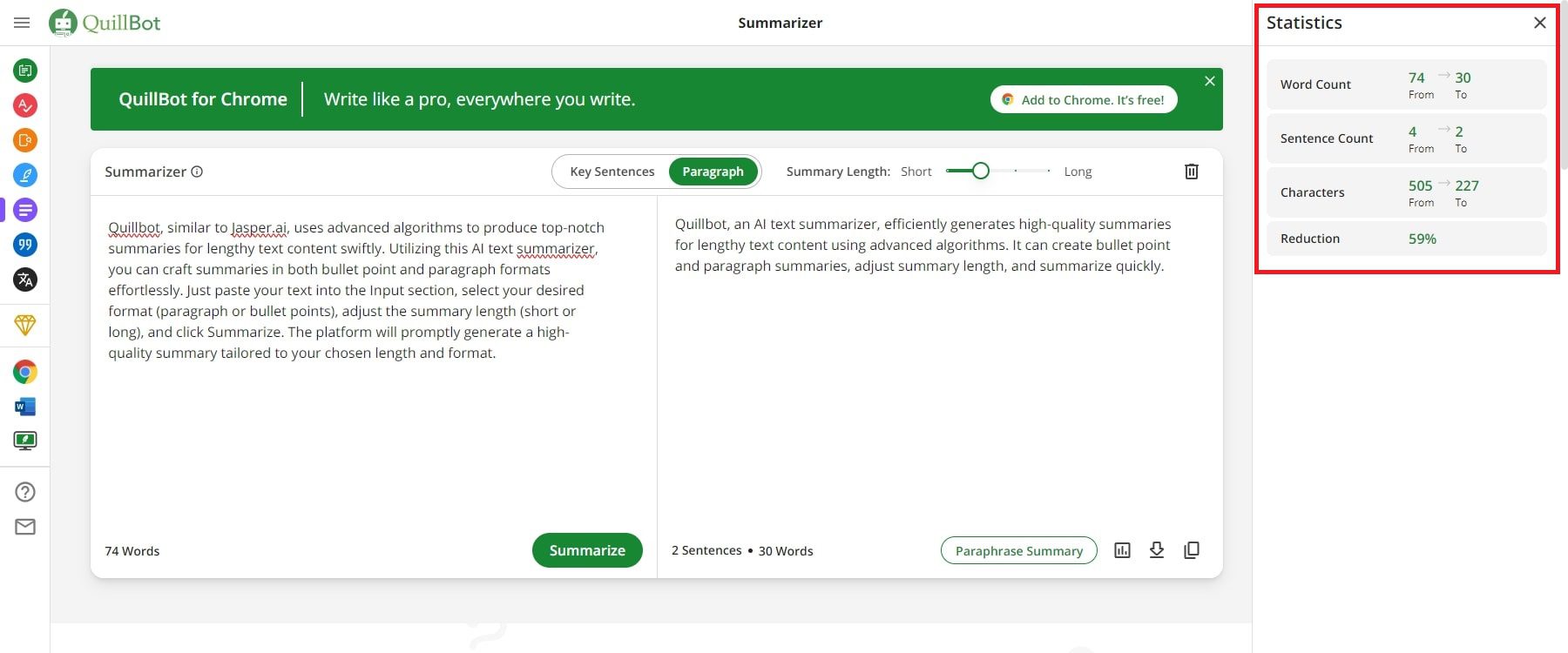 Quillbot AI-Statistikfunktion