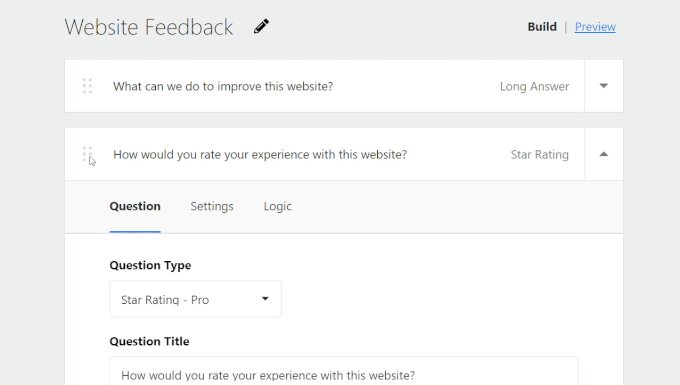 Dragging and dropping a question on UserFeedback form builder