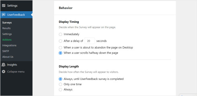 The Display Timing and Display Length settings on UserFeedback