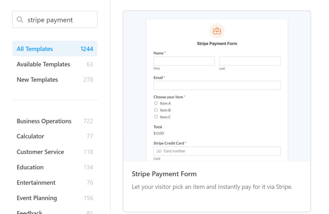 Stripe payment form template