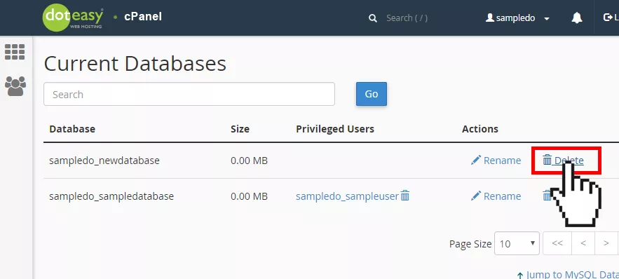 eliminar base de datos en cpanel