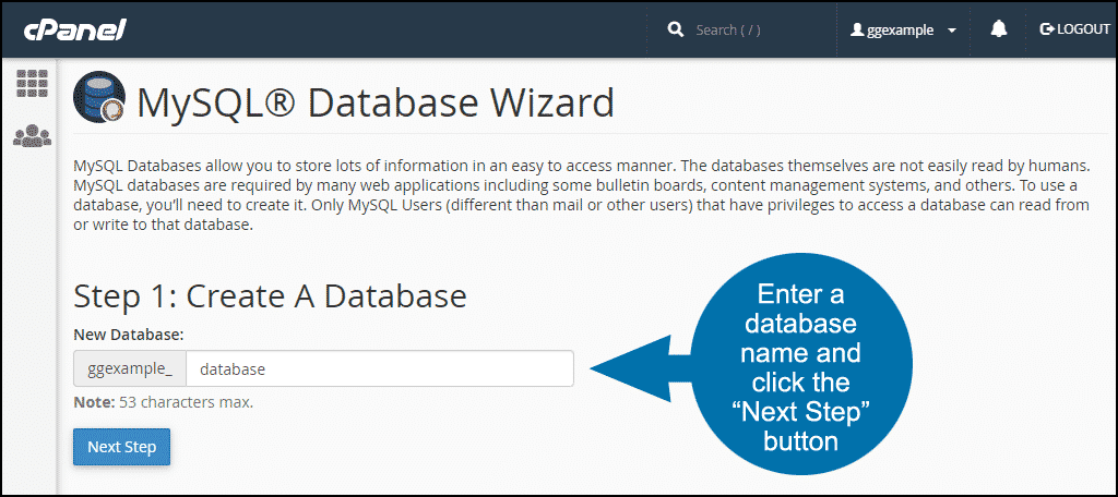 cpanel erstellt eine neue Datenbank