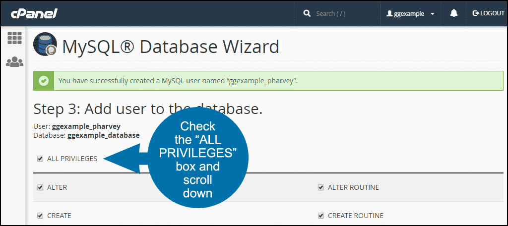 cpanel fügt einen Benutzer zu einer Datenbank hinzu