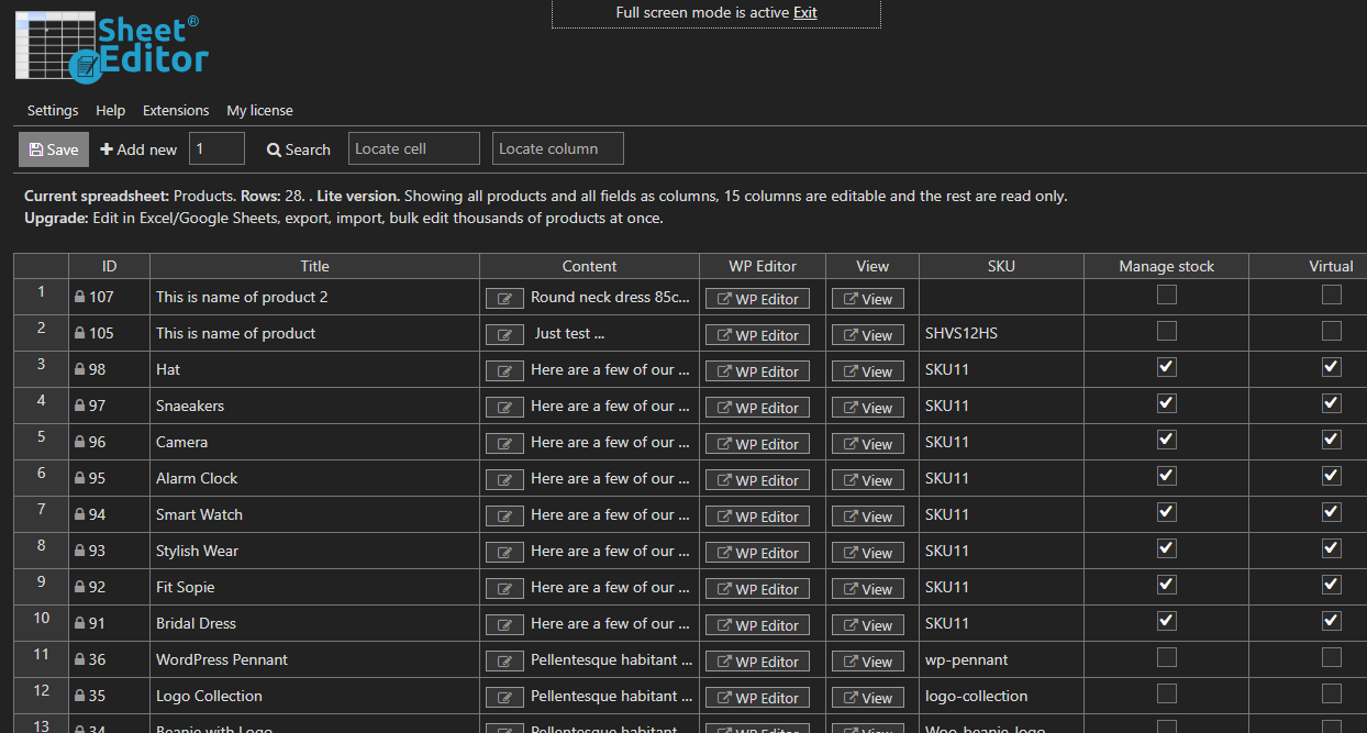 editor lembar - pengeditan massal di WooCommerce