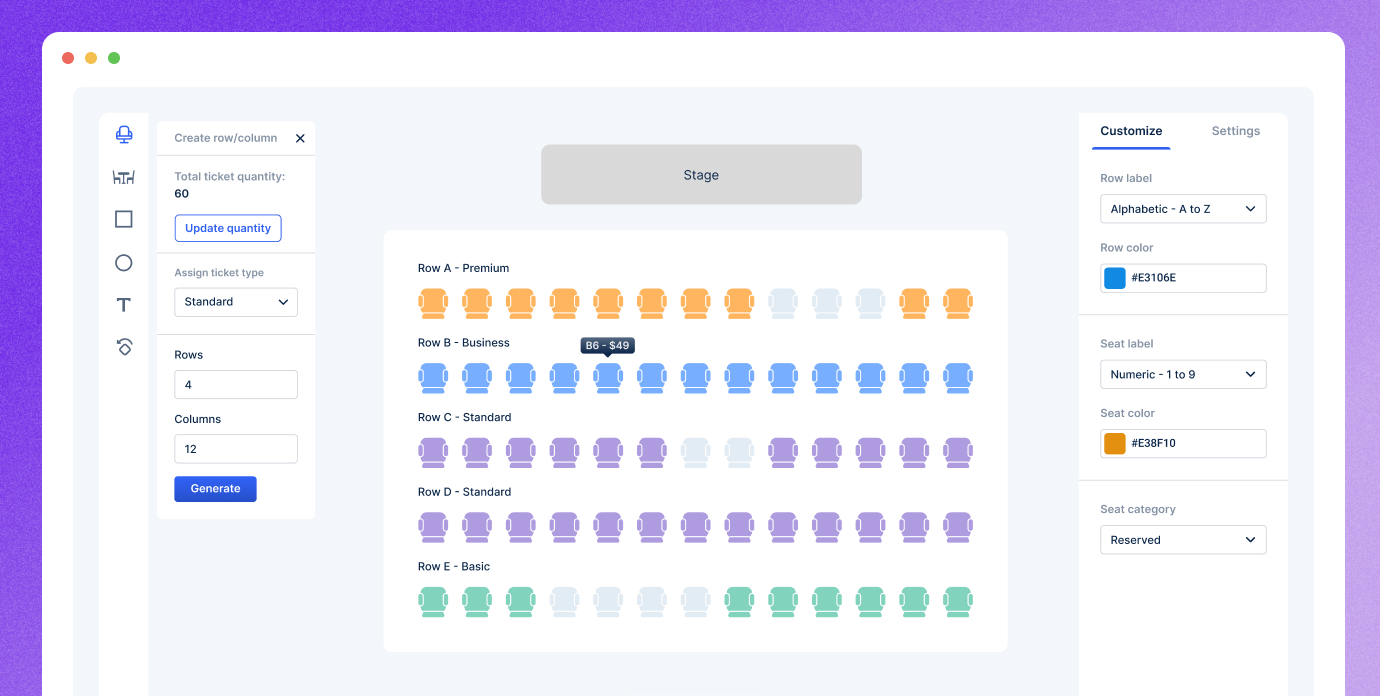 Un'illustrazione per pianificare riunioni ed eventi con la disposizione dei posti drag-n-drop