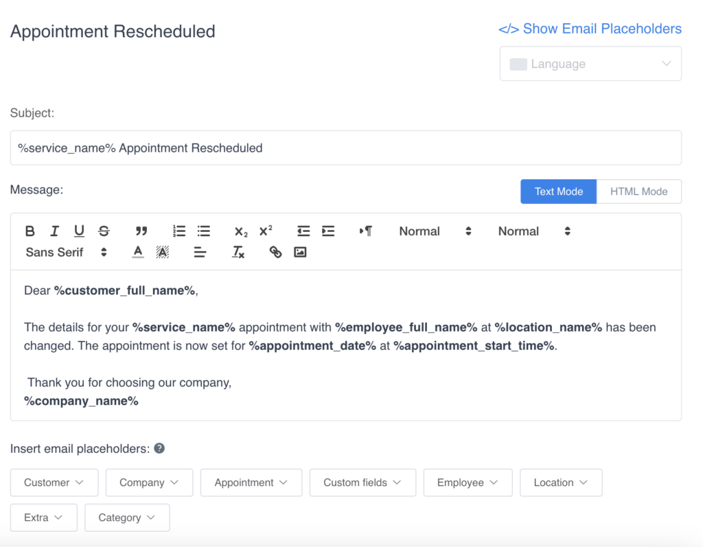 modèle d'e-mail automatisé reprogrammé pour un rendez-vous avec Amelia